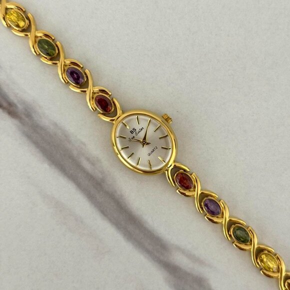 Sku:0277 Gold mini Watch multicoloured zircon stones red 